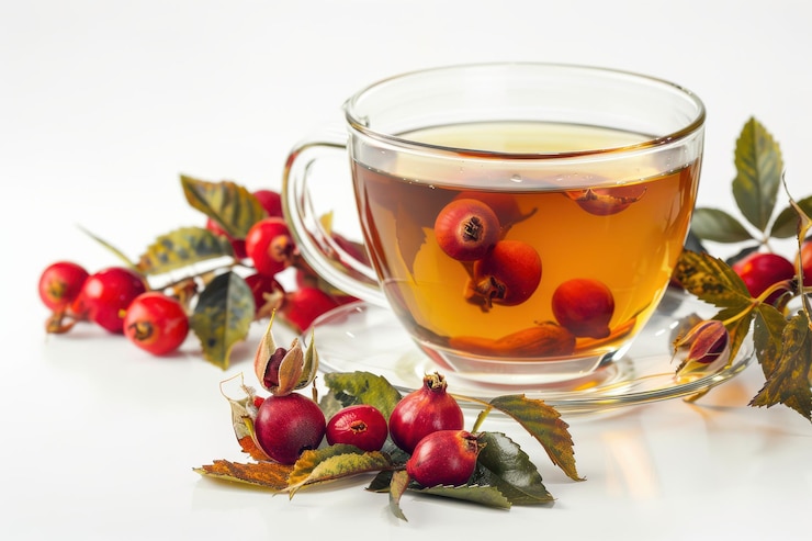PSD warmer kräutertee mit frischen rosenheben und blättern in einem klaren glasbecher auf weißem hintergrund