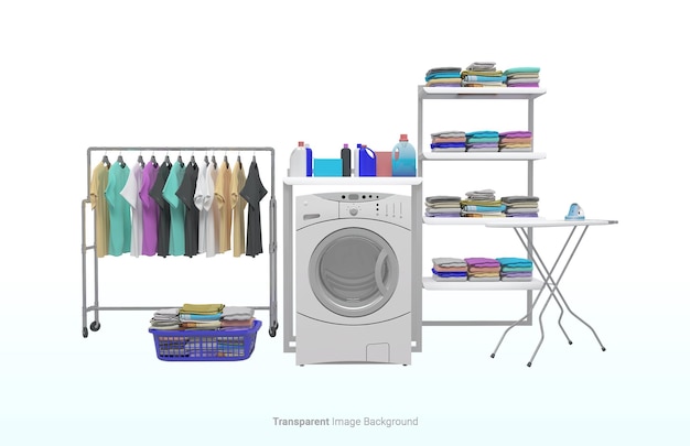Waschküche-Service-Raum-Sammlung mit auf einem isolierten transparenten Bildhintergrund 3D-Render