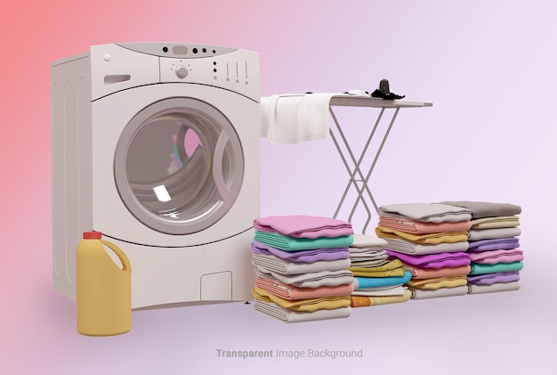 Waschzimmer mit Waschmaschine, Bügelbrett, Kleidung und Seife auf einem transparenten Bildhintergrund