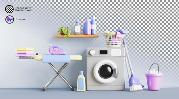 Waschzimmerinterieur mit Waschmaschine schmutzige Kleidung im Korb Waschmittelflaschen auf dem Regal Rendern Badezimmer mit Bügelbrett Eisen saubere Handtücher Stapel Pinsel Seife Schaum Eimer