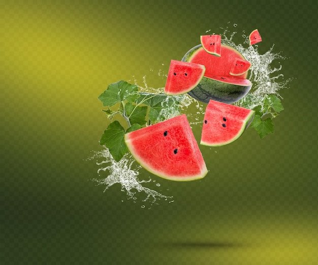 Wasserspritzer auf Wassermelone mit Blättern isoliert auf grünem Hintergrund Premium PSD