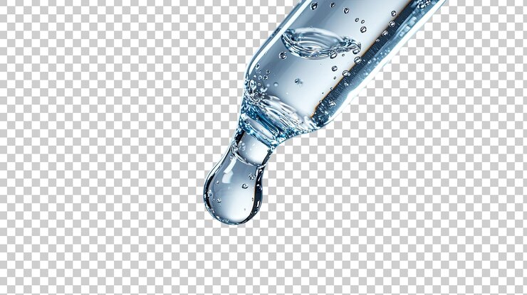 PSD wassertröpfchen, die aus einer flasche fallen, isoliert auf durchsichtigem hintergrund