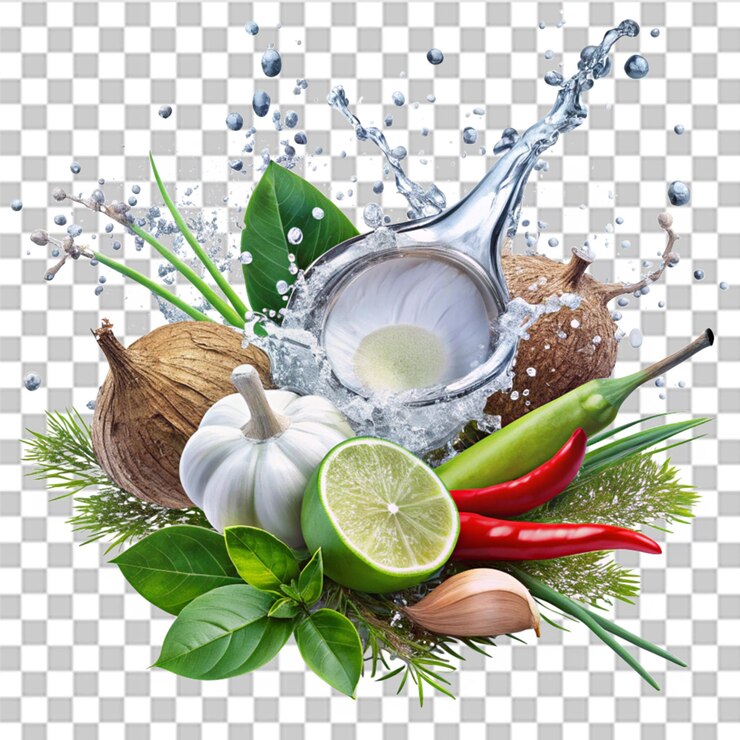 PSD water splash on spices and herbs in cooking include coconut lemongrass garlic kaffir lime leaves isolated on white background