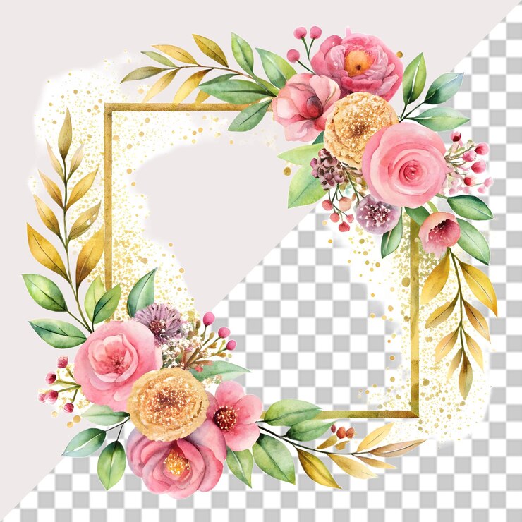 PSD watercolor floral frame with roses and gold accents