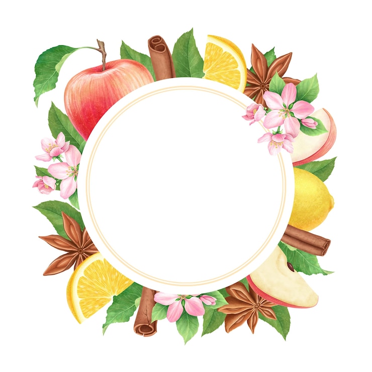 PSD watercolor frame of fruit flowers spices and leaves vintage lemon apple cinnamon background