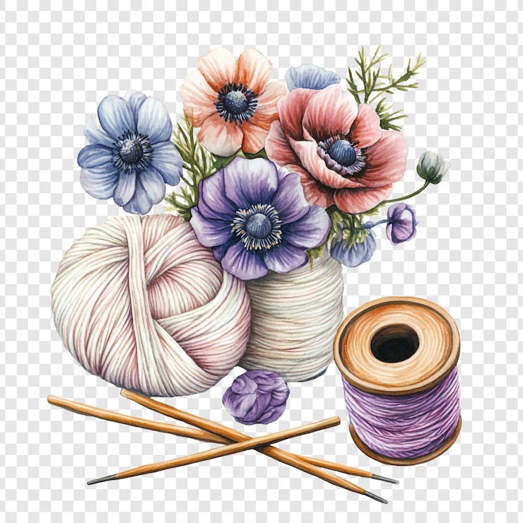 PSD watercolor illustration of a still life with flowers yarn and knitting needles