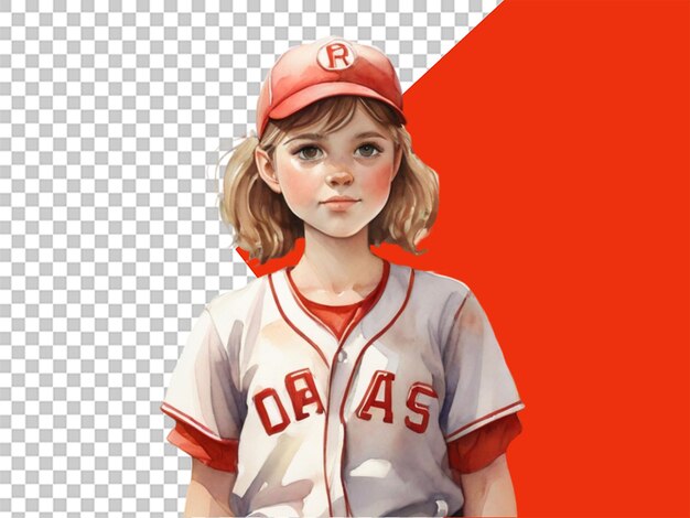 PSD watercolor illustration of a young girl in her baseball on transparent background