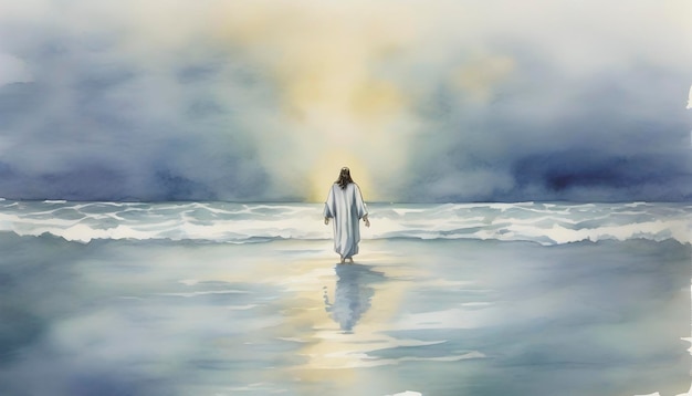 PSD watercolor painting of jesus christ walking on water in an impressionist style