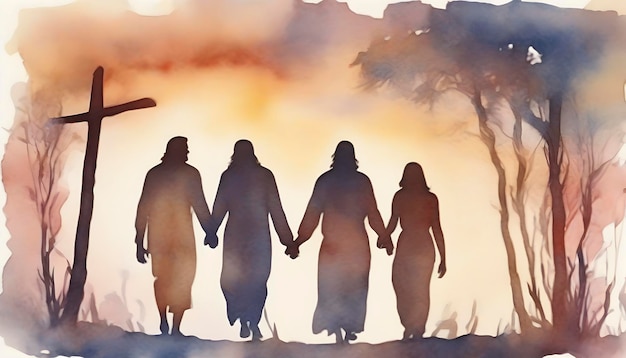 PSD watercolor painting of people holding hands with jesus christ