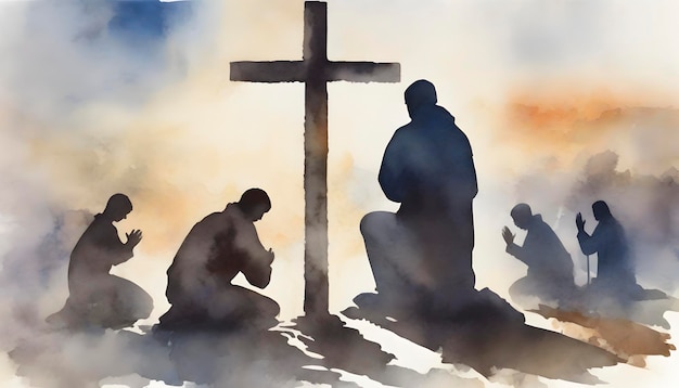 PSD watercolor painting of people praying in front of the cross