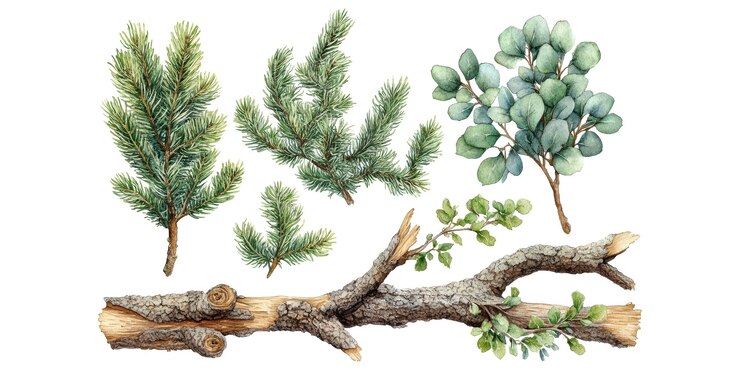 PSD watercolor pine branches and eucalyptus isolated on transparent background