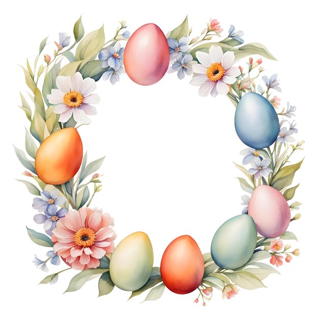 PSD watercolor round frame wreath of easter eggs and flowers isolated element for banner poster card art