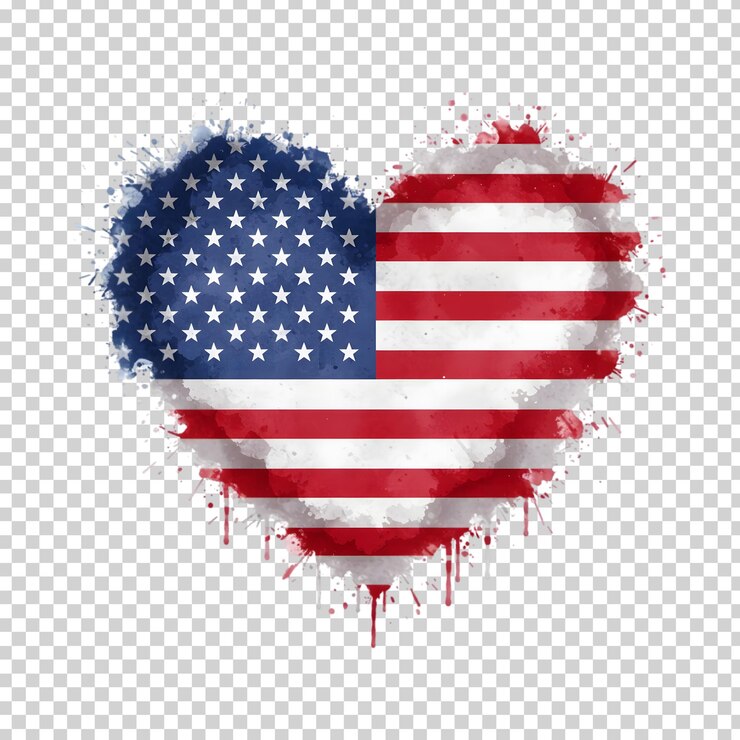 Watercolor Splatter American Flag Heart Isolated on a Transparent Background