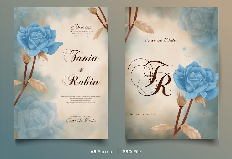 Watercolor wedding invitation template with blue and brown flower ornament