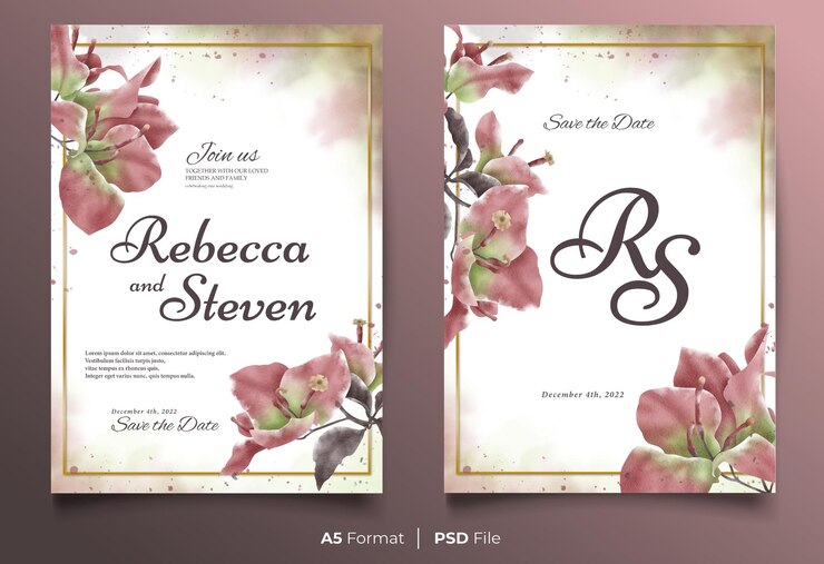 Watercolor wedding invitation template with pink and green flower ornament