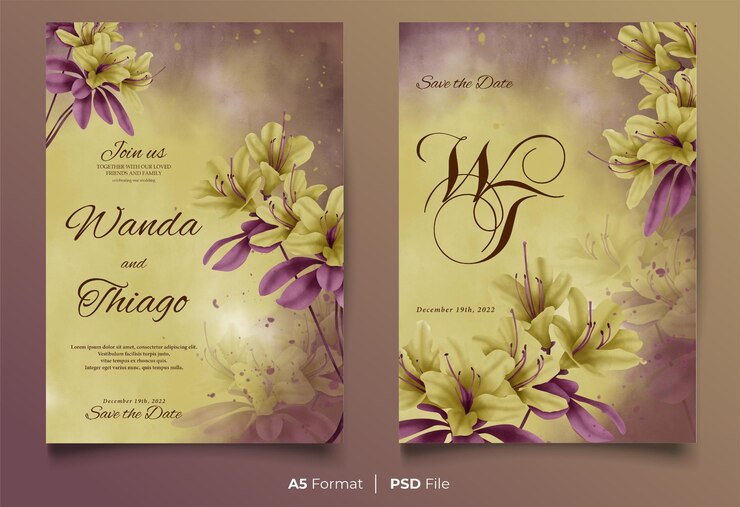 Watercolor wedding invitation template with yellow and purple flower ornament