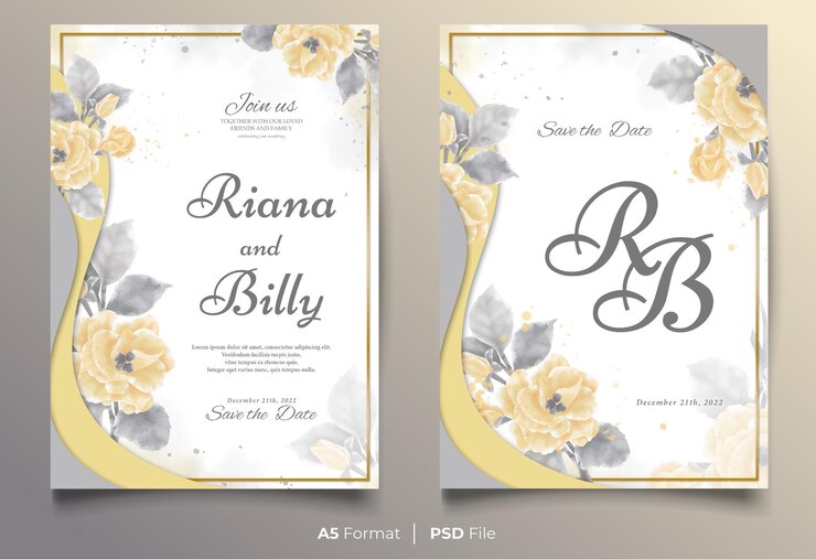 Watercolor wedding invitation template with yellow and silver flower ornament