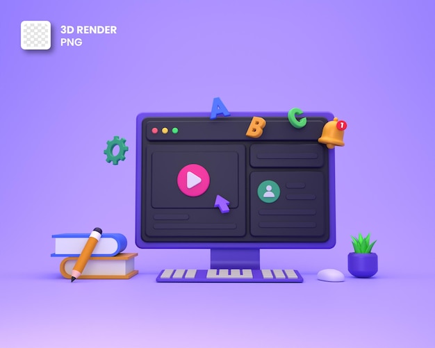 Web de educação on-line 3D, vídeo on-line, cursos na Web, tutoriais para banner e pôster de marketing.