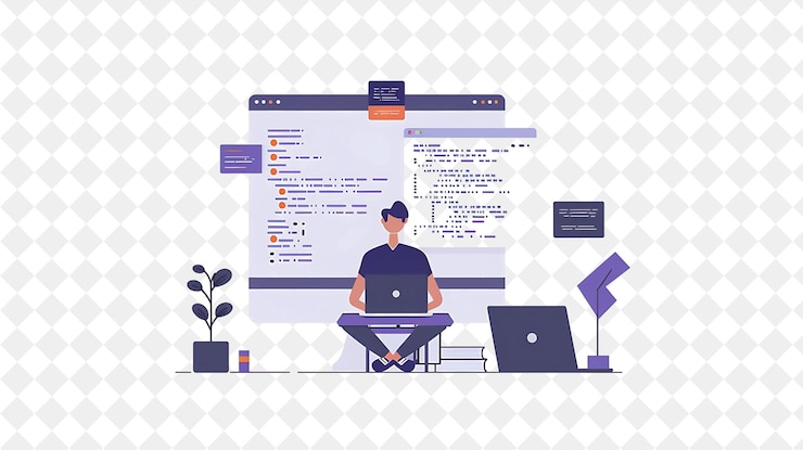 PSD web designer minimalista con caratteri progettazione e codifica png persone nell'illustrazione del lavoro quotidiano
