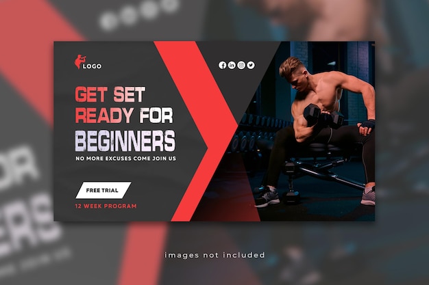 PSD webbanner für fitnessstudio-training und youtube-thumbnail-vorlage