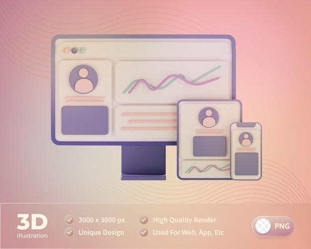 PSD webdesign mit 3d-darstellung für computer, tablet und telefon