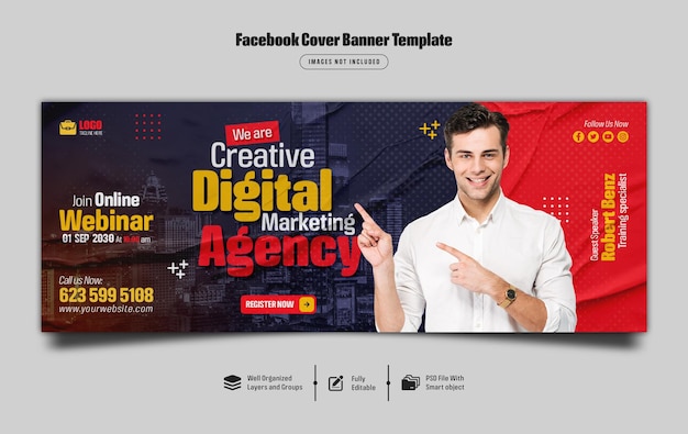 PSD webinar ao vivo de marketing digital e modelo de banner de capa do facebook corporativo psd premium