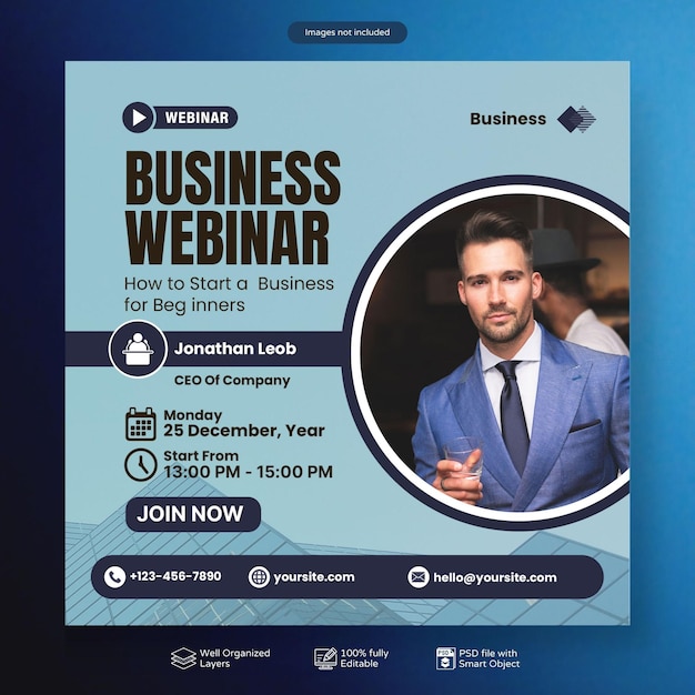 Webinar dal vivo della conferenza aziendale PSD e modello di post sui social media aziendali
