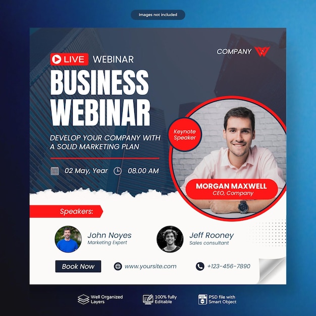 Webinar dal vivo della conferenza aziendale PSD e modello di post sui social media aziendali