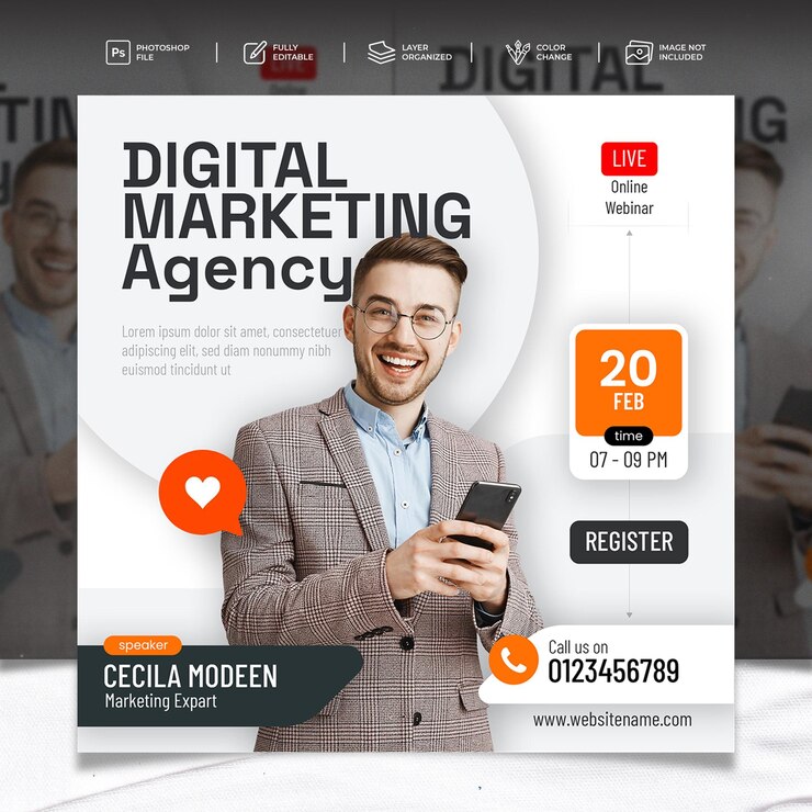 Webinar dal vivo di marketing digitale e modello di post sui social media per conferenze aziendali