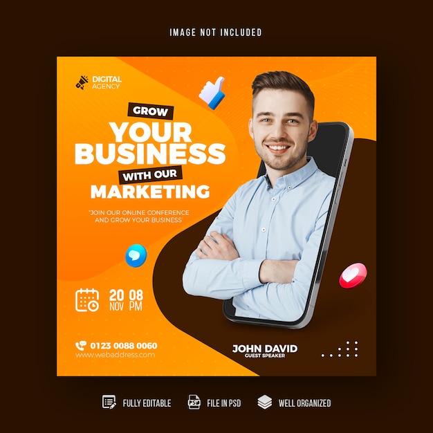 Webinar de marketing digital ao vivo e modelo de postagem de mídia social corporativa