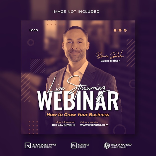 Webinar de negócios de mídia social corporativa ao vivo webinar e modelo de postagem no instagram Psd Premium