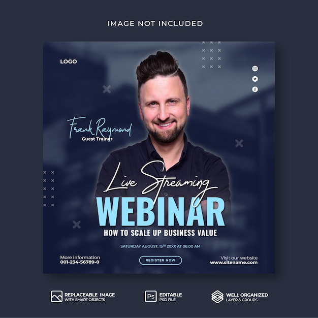 Webinar de negócios de mídia social corporativa ao vivo webinar e modelo de postagem no instagram Psd Premium
