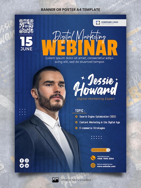 PSD webinar de marketing digital con póster de color azul a4 o plantilla de banner