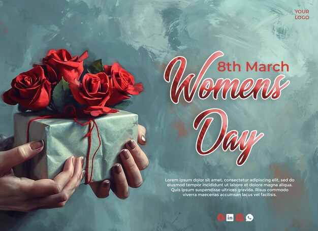 Weibliche hände, die ein geschenk mit roten rosen halten glücklicher frauentag-post-psd-vorlage