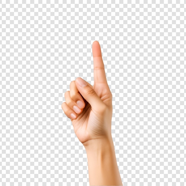 Weibliche Hand, die nach oben zeigt, isoliert auf durchsichtigem Hintergrund
