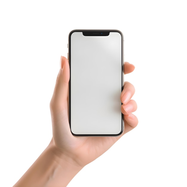 Weibliche Hand hält ein modernes Smartphone mit leerem Bildschirm auf weißem Hintergrund in Nahaufnahme