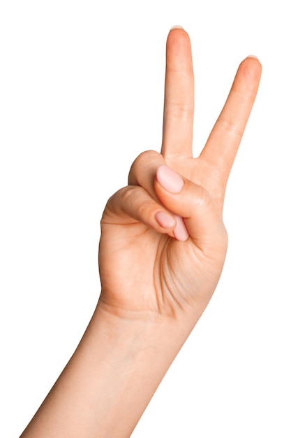 Weibliche Hand mit Fingern in Form eines Buchstaben V auf einem leeren Hintergrund