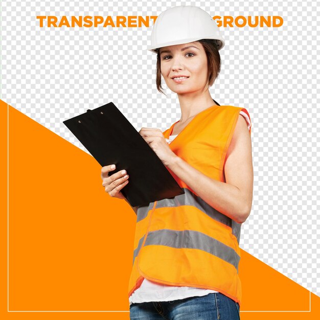 weibliche Ingenieurin macht Notizen auf einem Clipboard mit durchsichtigem Hintergrund