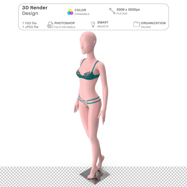 Weibliche mannequin mit dessous-mockup 3d-modellierung psd-datei realistische dessous