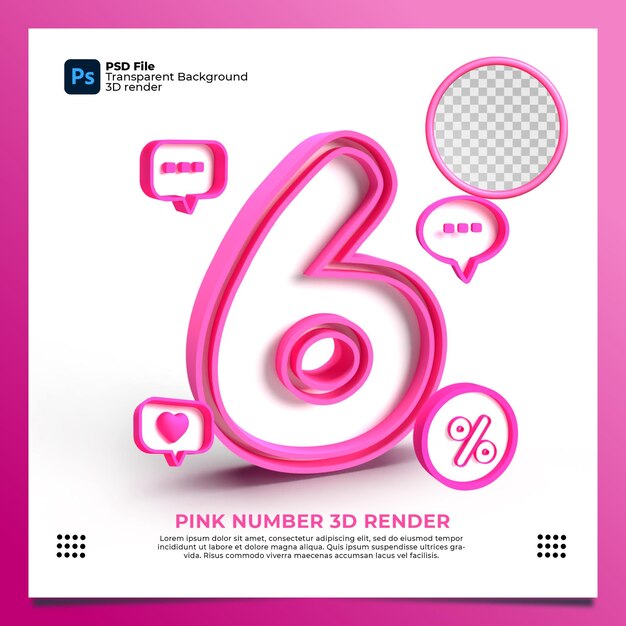 Weibliche nummer 6 3d render rosa farbe mit element