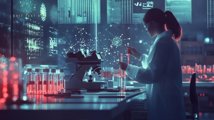 PSD weibliche wissenschaftlerin in einem futuristischen labor analysiert eine rote flüssigkeitsprobe mit holographischen datenprojektionen