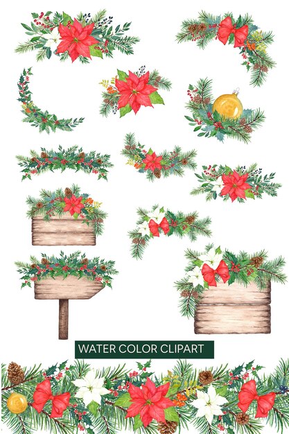 PSD weihnachts aquarell-cliparts blumige holzplatten