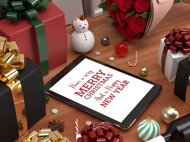 Weihnachts-tablet-pad-feier 3d realistisch, die modellwerbung niederlegt