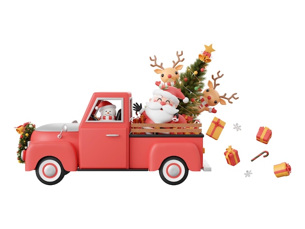 Weihnachts-Truck mit Weihnachtsmann und Freund Weihnachtsthema-Elemente 3D-Illustration Beschneidungspfad