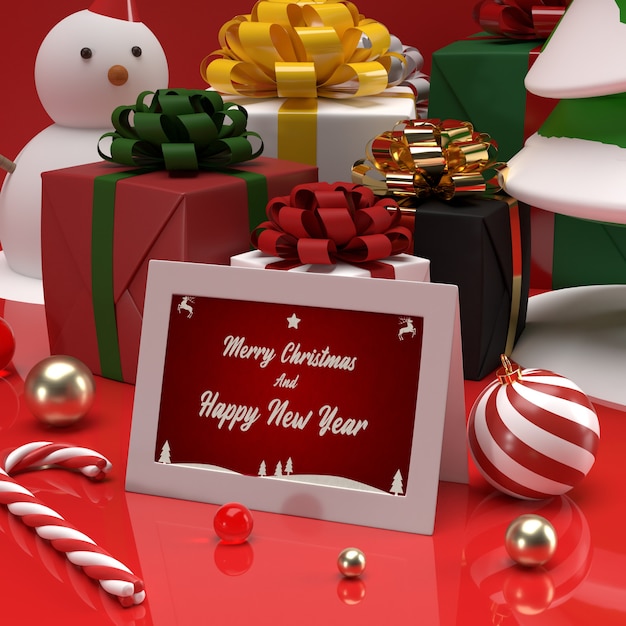 Weihnachts- und neujahrsfeiereinladungs-geschenkkartenmodell mit schneemann und geschenk