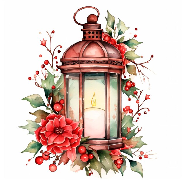 PSD weihnachts-wasserfarbenillustration einer kerze in einer laterne