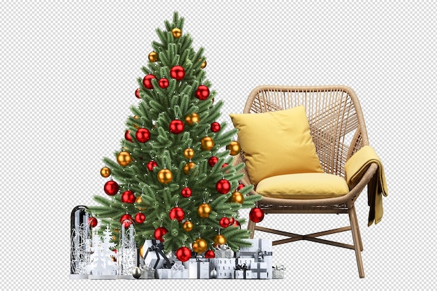 PSD weihnachtsbaum, geschenke und sessel in 3d gerendert