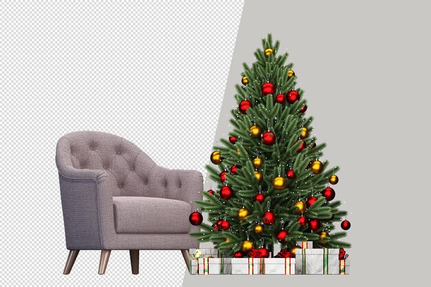 PSD weihnachtsbaum, geschenke und sessel in 3d gerendert