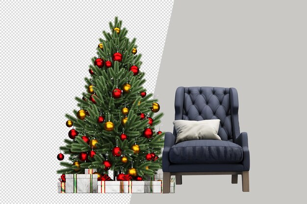 PSD weihnachtsbaum, geschenke und sessel in 3d gerendert