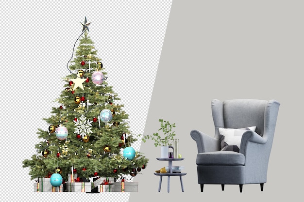 PSD weihnachtsbaum, geschenke und sessel in 3d gerendert